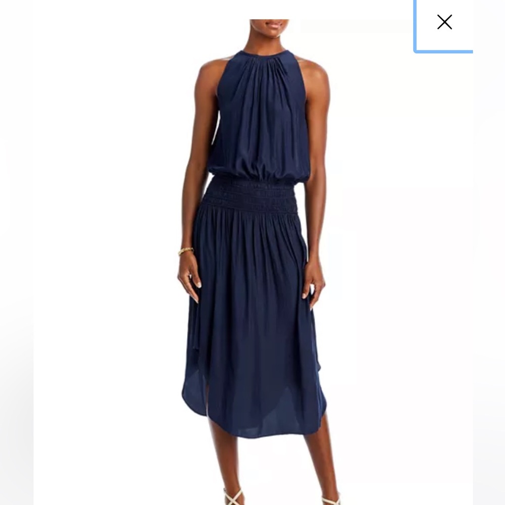 Ramy Brook Blue A-Line Midi Dress with Smocked High-Low Hem